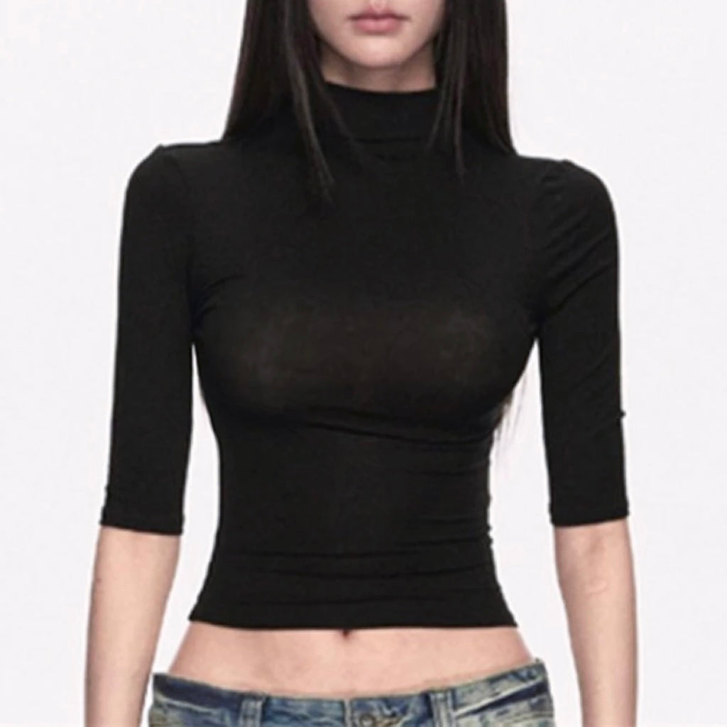 Semi-Sheer Black Half-Neck Top