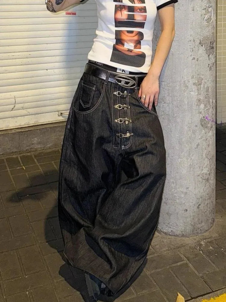 Strap Detail Wide Leg Denim Pants – Oversized Streetwear Jeans