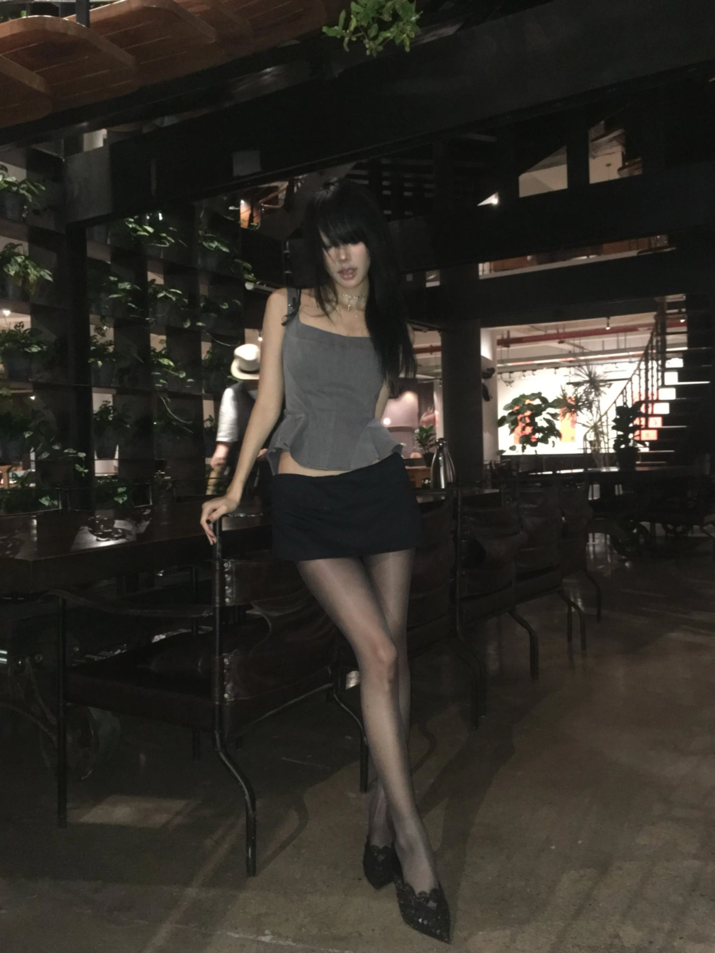 peplum tank top with ribbon strap details
