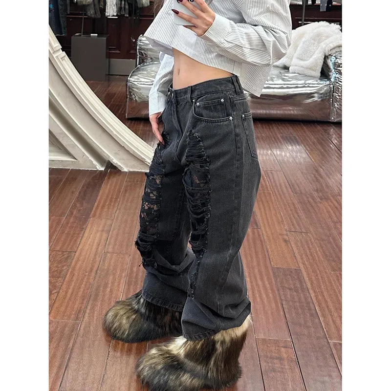 Black Distressed Wide-Leg Jeans
