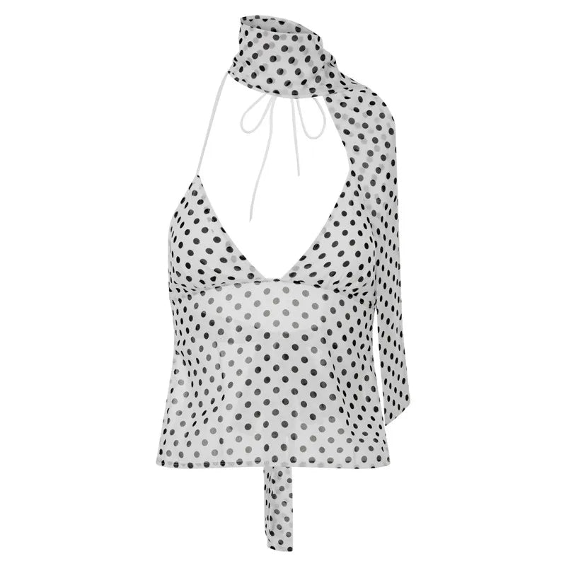 Sheer Polka Dot Halter Top – Soft Mesh Tie Back