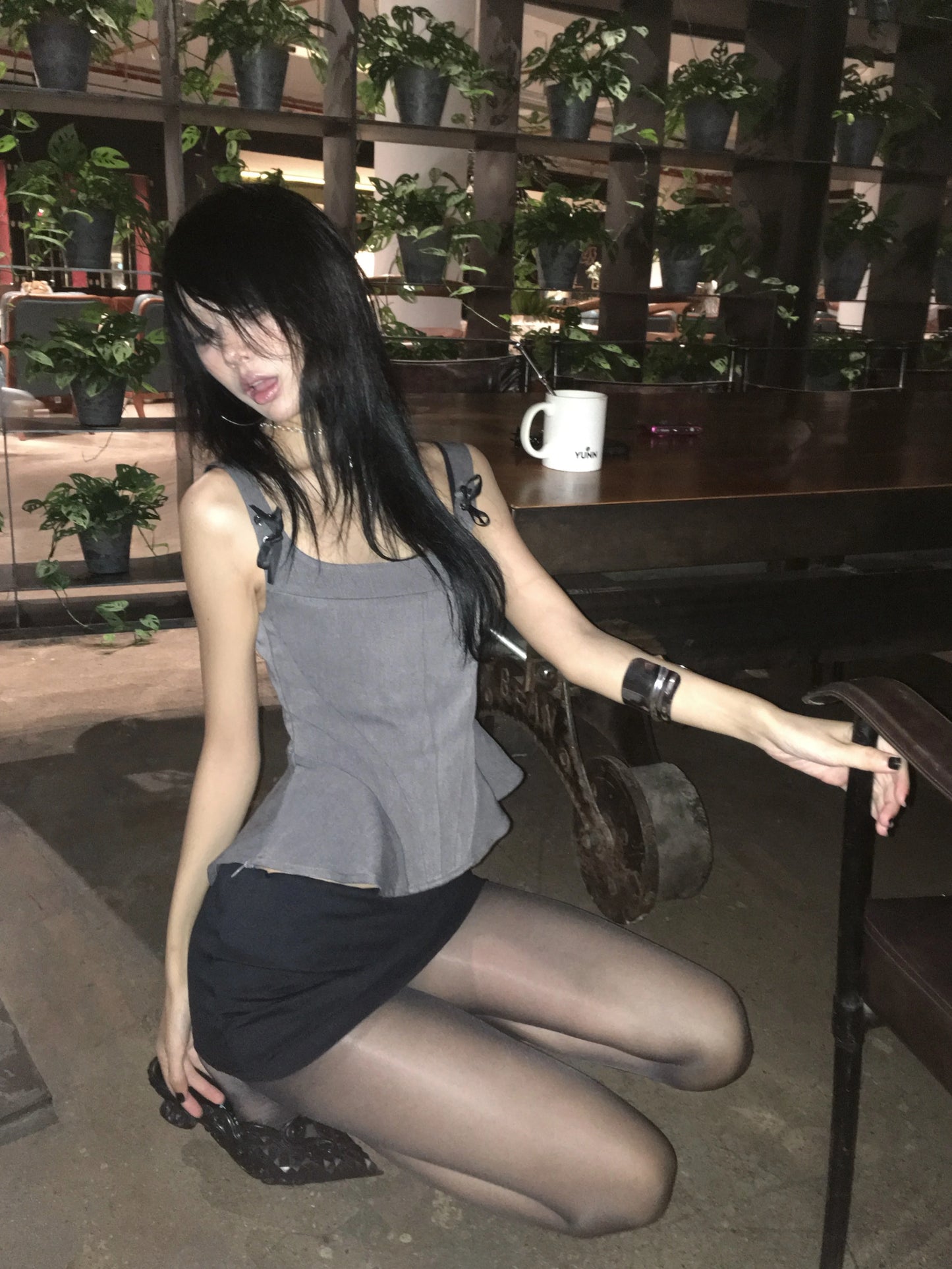 peplum tank top with ribbon strap details