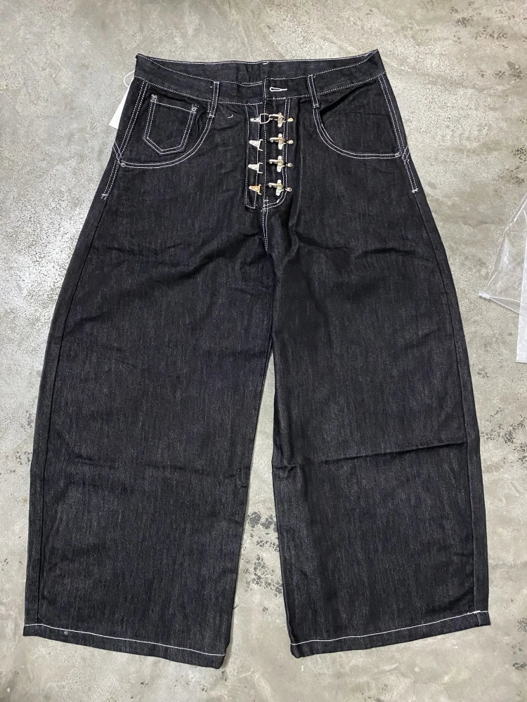 Strap Detail Wide Leg Denim Pants – Oversized Streetwear Jeans