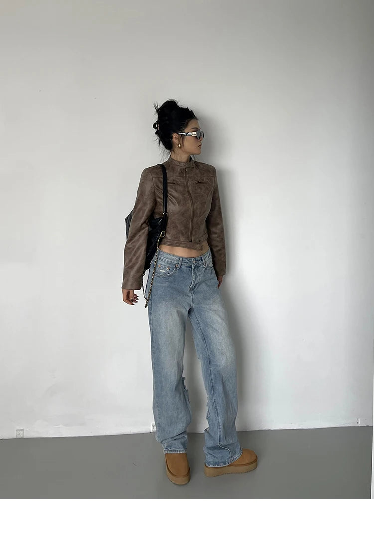 Vintage Brown Faux Leather Cropped Moto Jacket