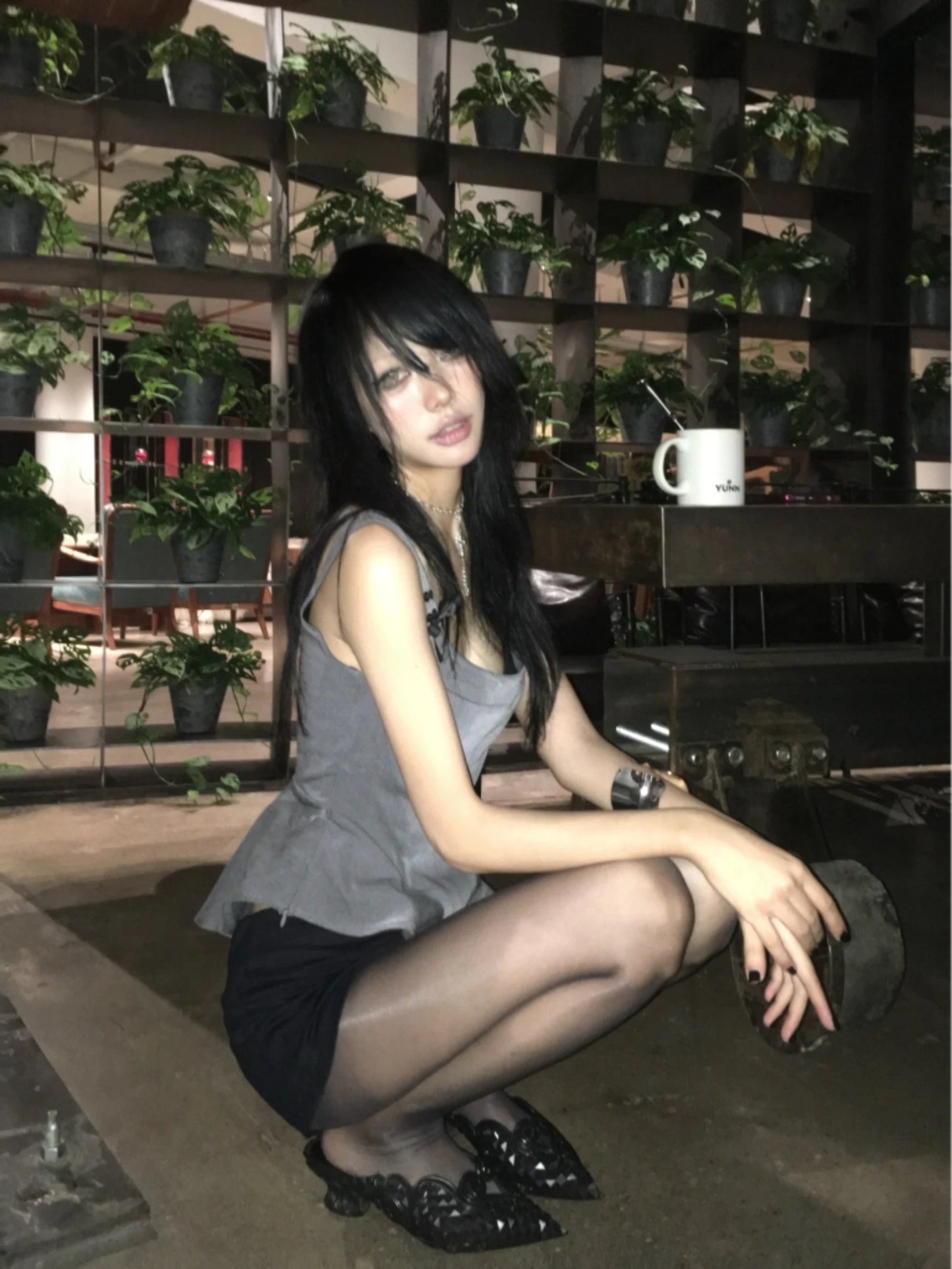 peplum tank top with ribbon strap details