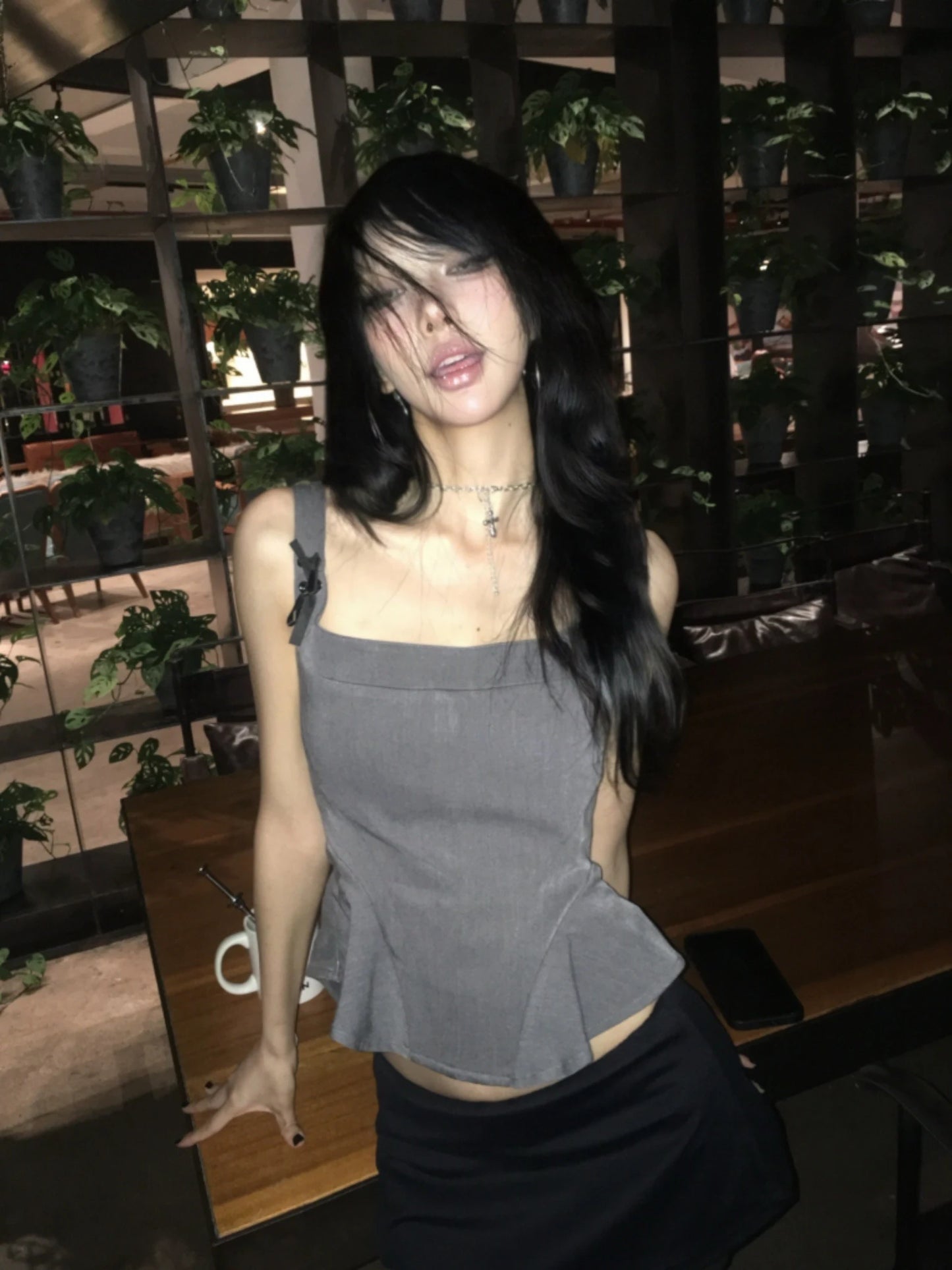 peplum tank top with ribbon strap details