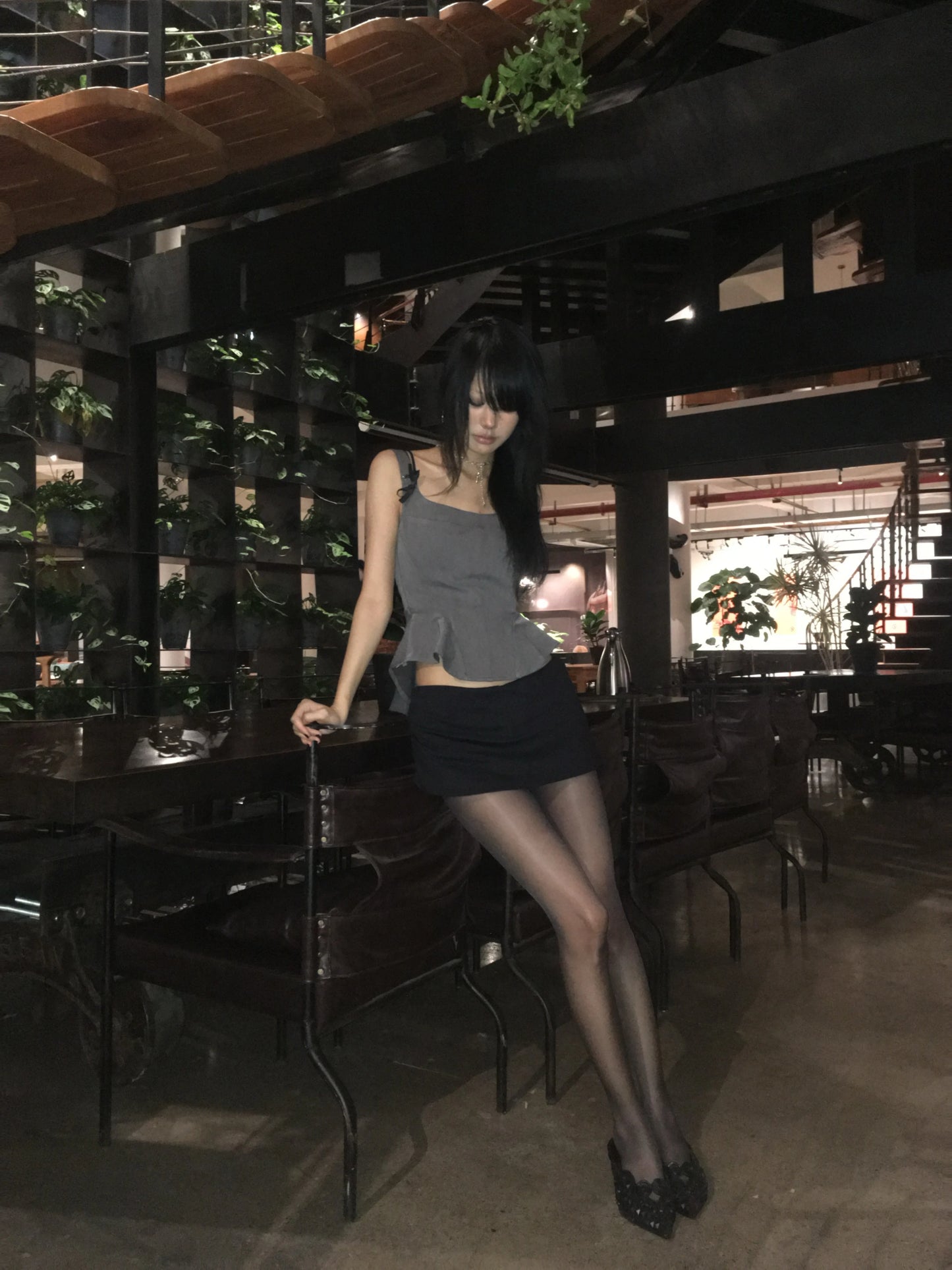 peplum tank top with ribbon strap details