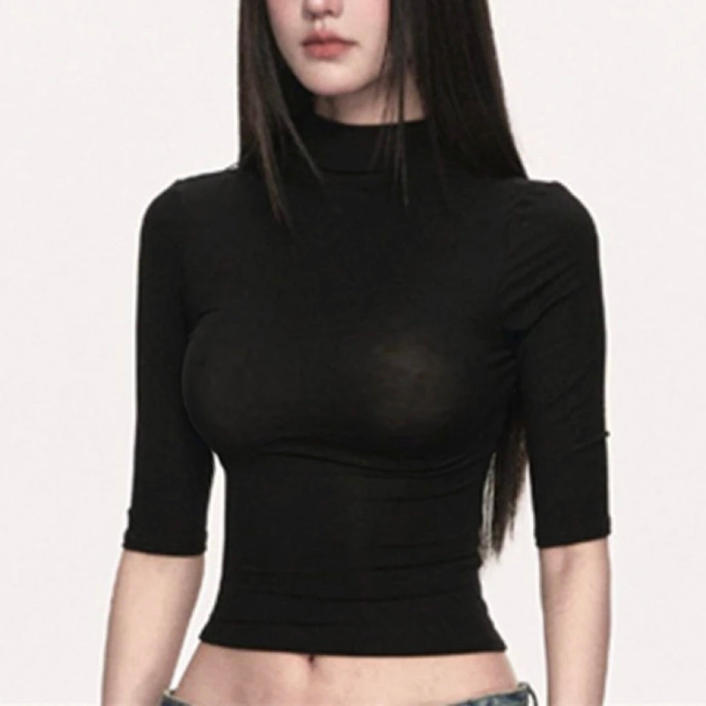 Semi-Sheer Black Half-Neck Top