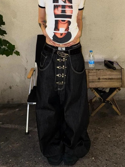 Strap Detail Wide Leg Denim Pants – Oversized Streetwear Jeans