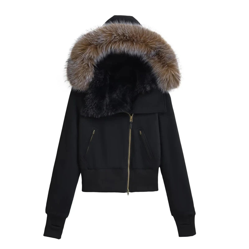 Soft Fur Hood Crop Zip-Up Jacket