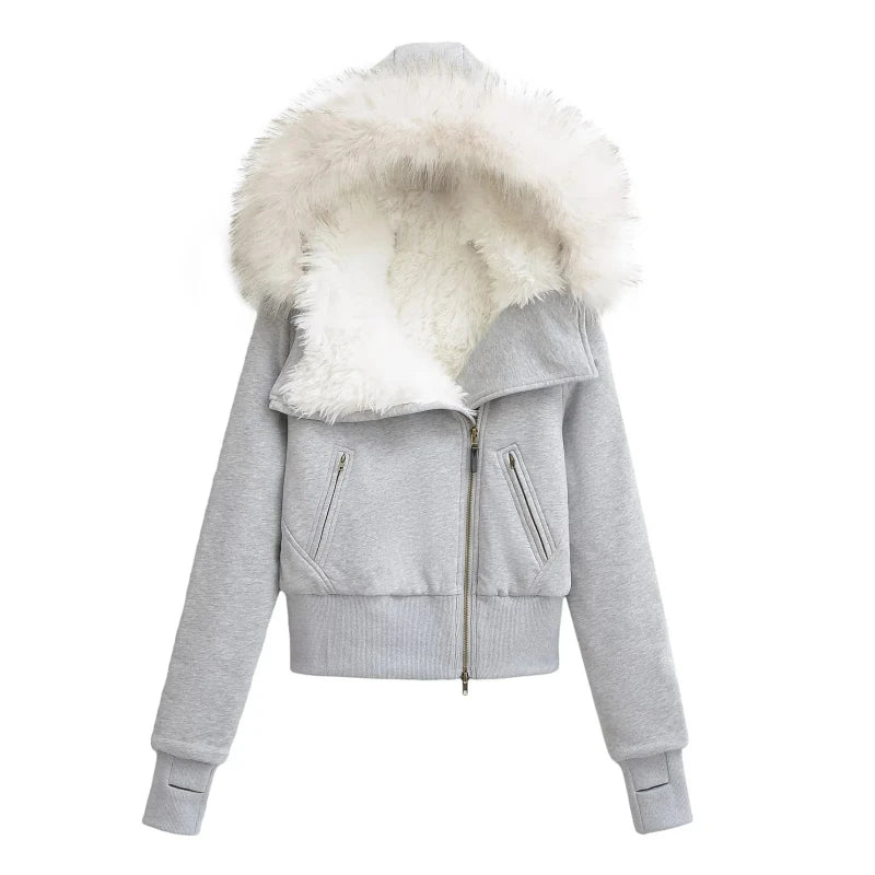 Soft Fur Hood Crop Zip-Up Jacket