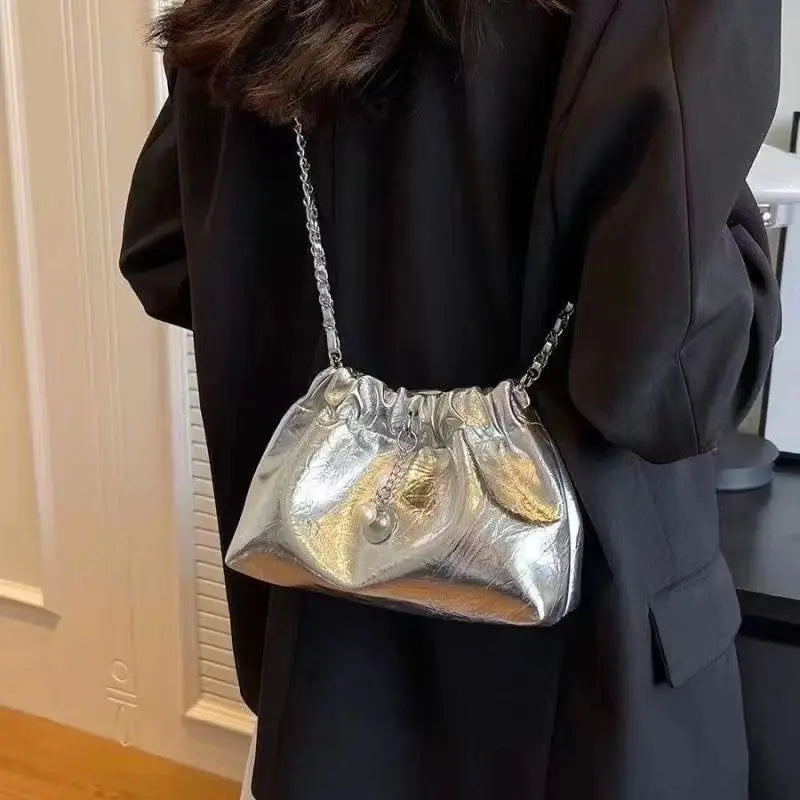 Metallic Silver Chain Shoulder Bag with Drawstring Closure
