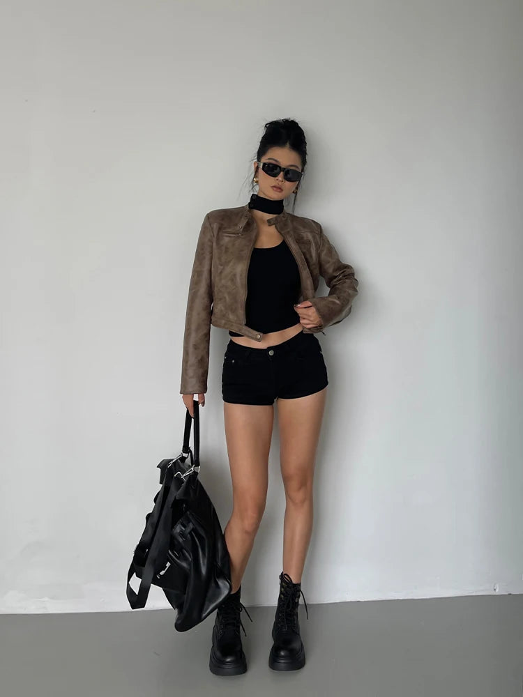 Vintage Brown Faux Leather Cropped Moto Jacket