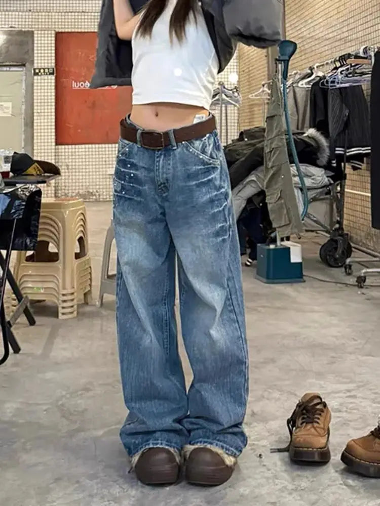 Vintage Wide-Leg Baggy Jeans – Distressed Denim