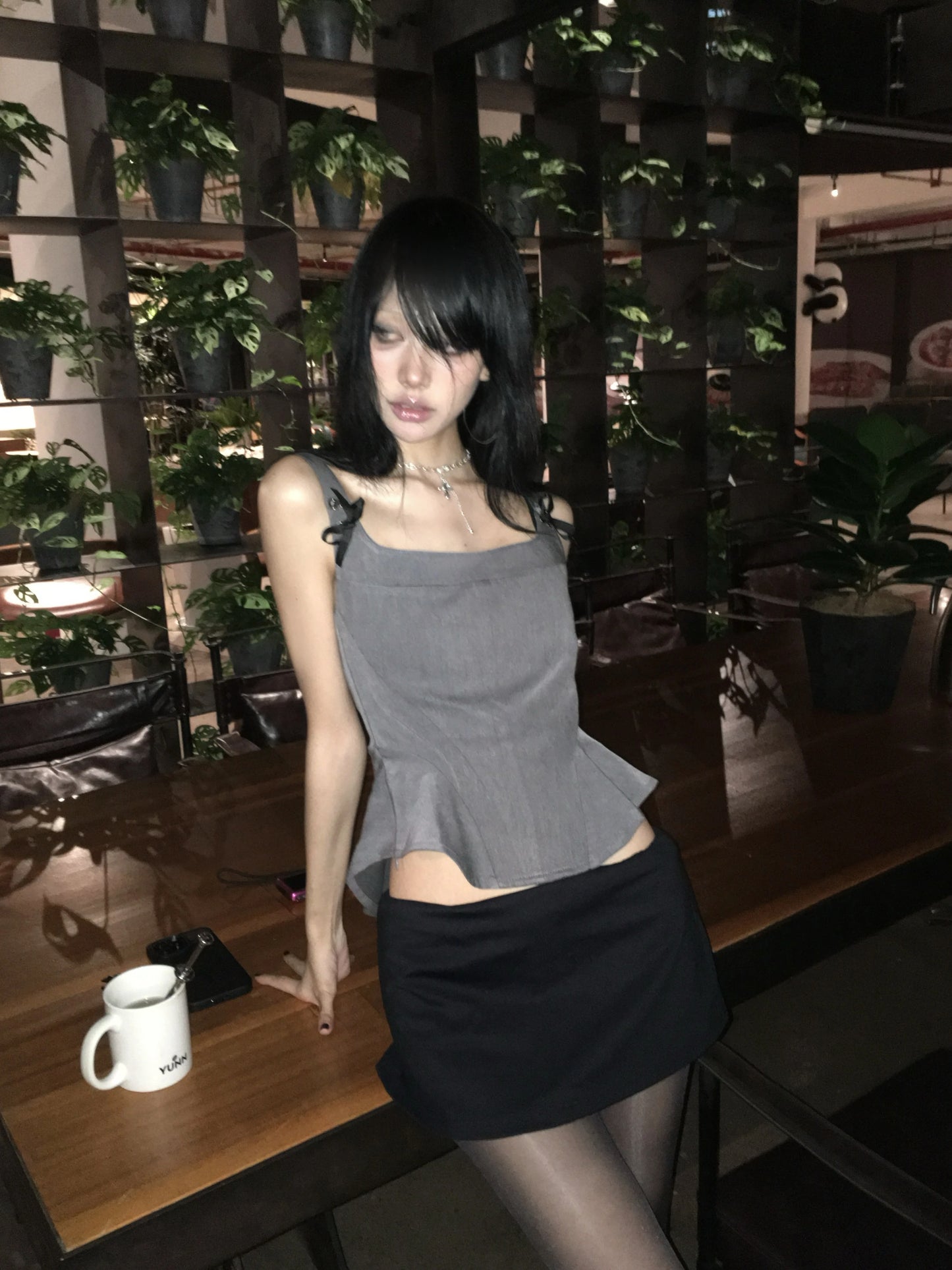 peplum tank top with ribbon strap details