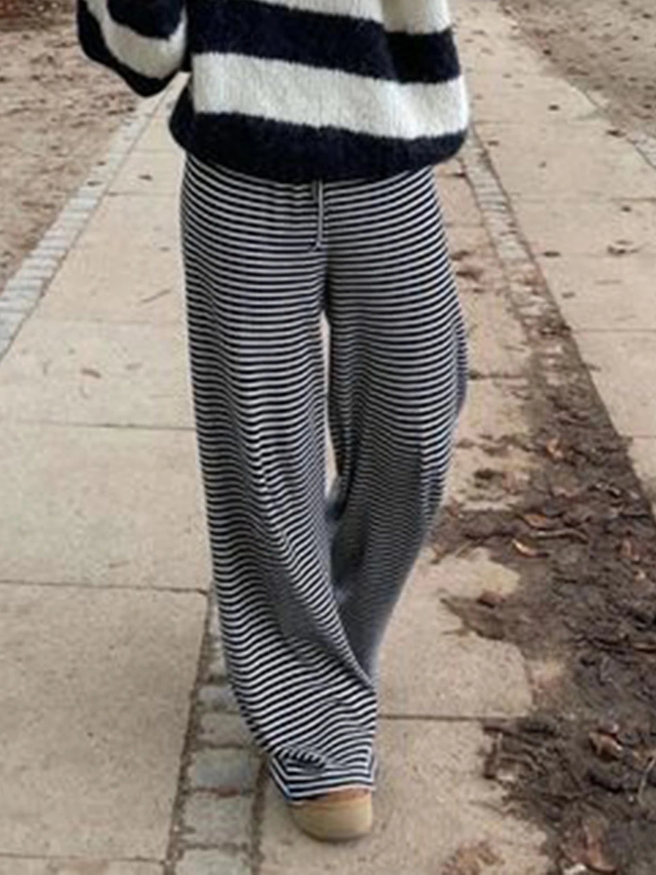 Black & White Striped Wide-Leg Pants