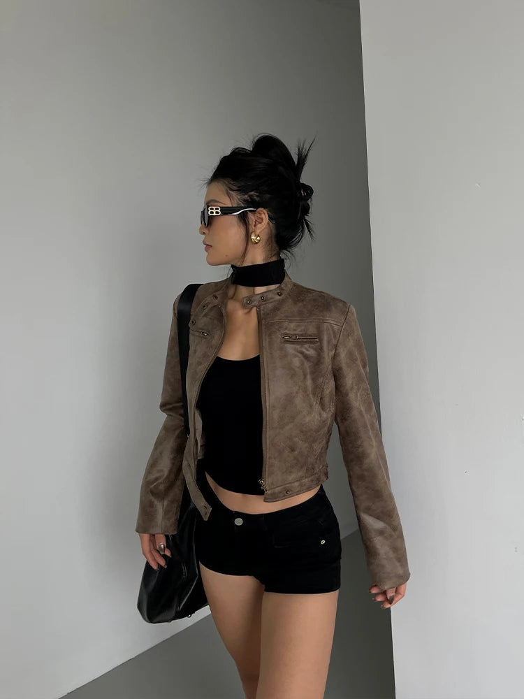 Vintage Brown Faux Leather Cropped Moto Jacket