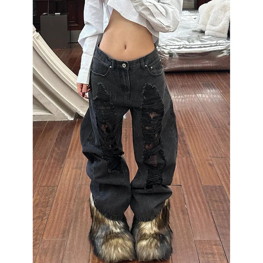 Black Distressed Wide-Leg Jeans