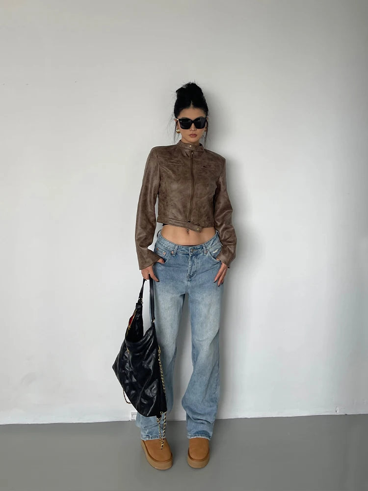 Vintage Brown Faux Leather Cropped Moto Jacket