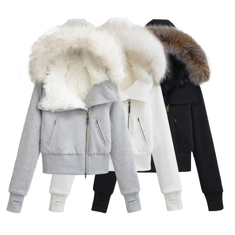 Soft Fur Hood Crop Zip-Up Jacket