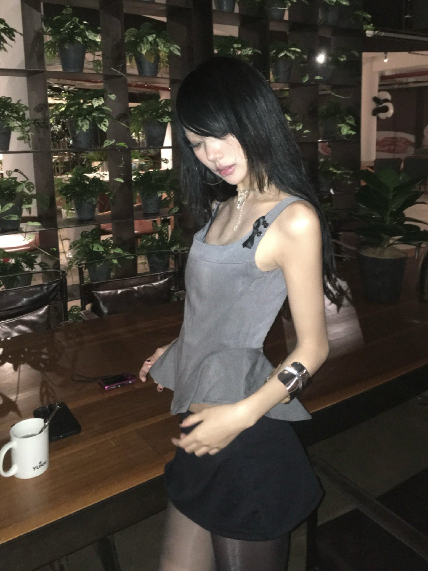peplum tank top with ribbon strap details