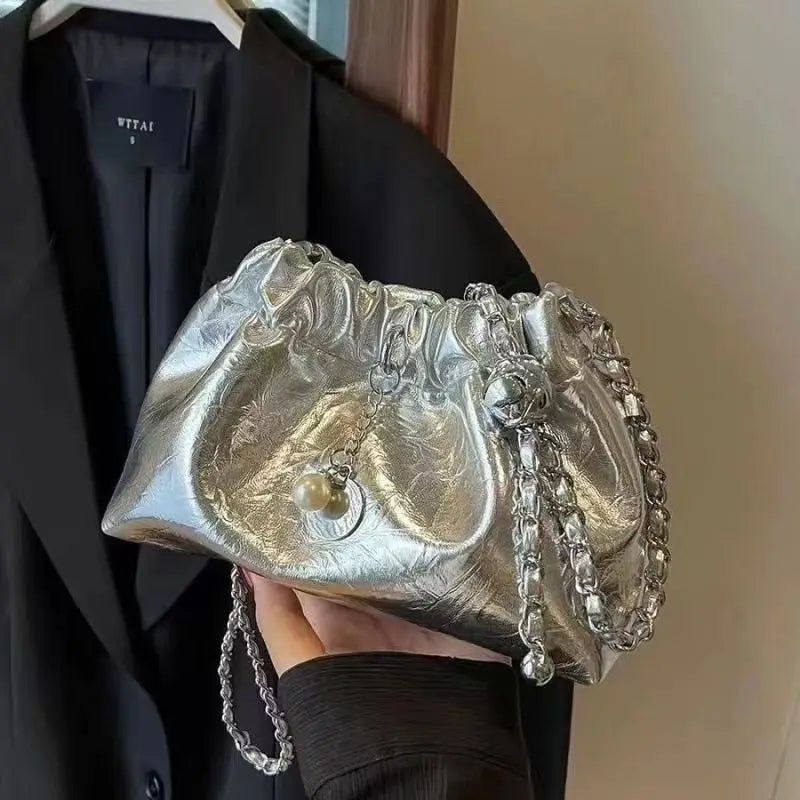 Metallic Silver Chain Shoulder Bag with Drawstring Closure