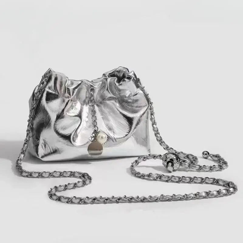 Metallic Silver Chain Shoulder Bag with Drawstring Closure
