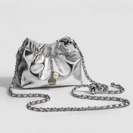 Metallic Silver Chain Shoulder Bag with Drawstring Closure