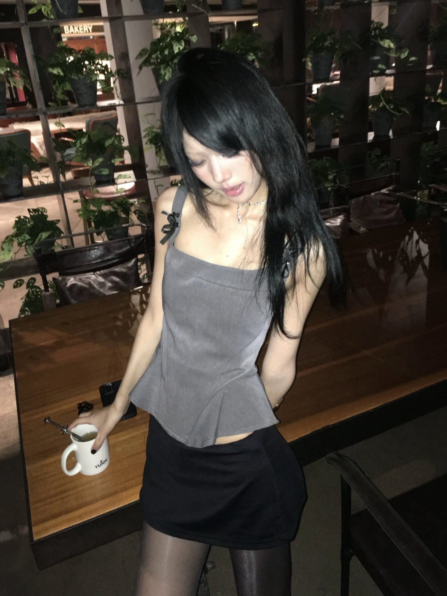 peplum tank top with ribbon strap details
