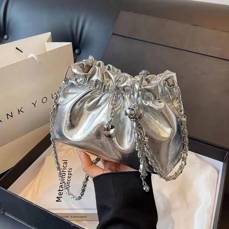 Metallic Silver Chain Shoulder Bag with Drawstring Closure