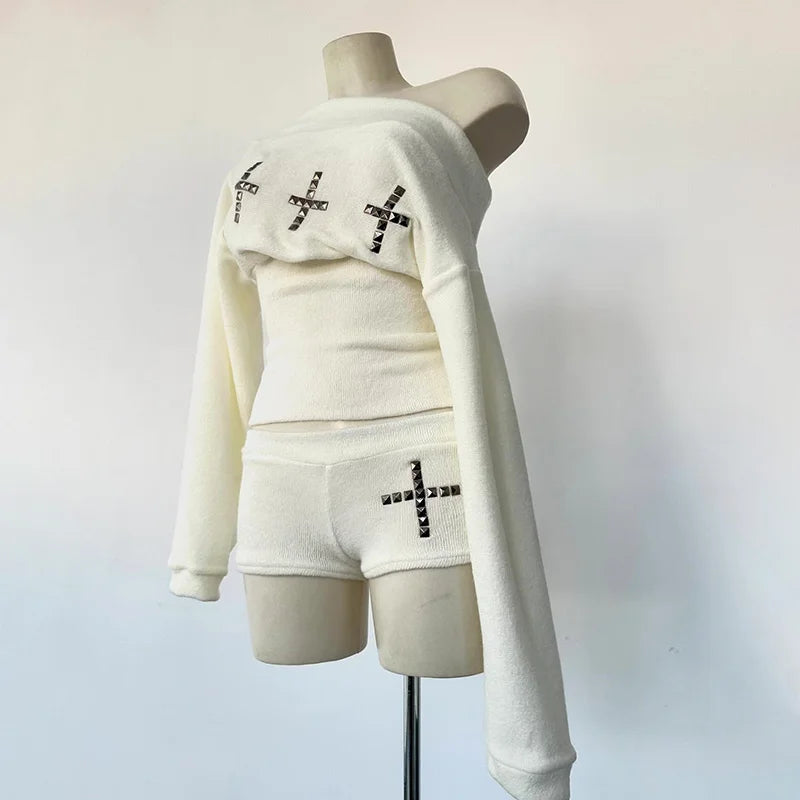 Studded Cross Knit Lounge  – Off Shoulder & Shorts