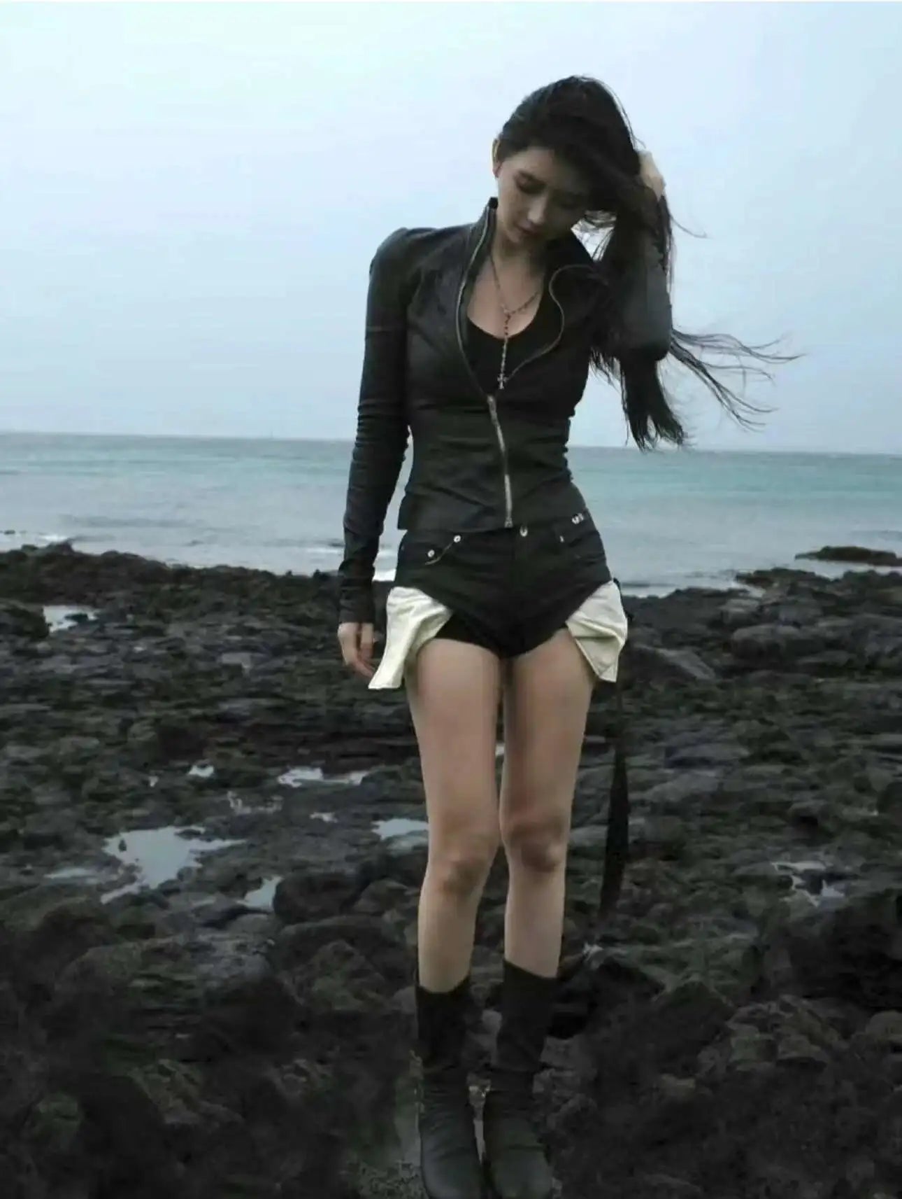Asymmetric Zip Black Leather Jacket