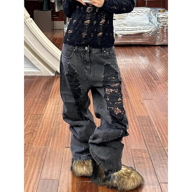 Black Distressed Wide-Leg Jeans