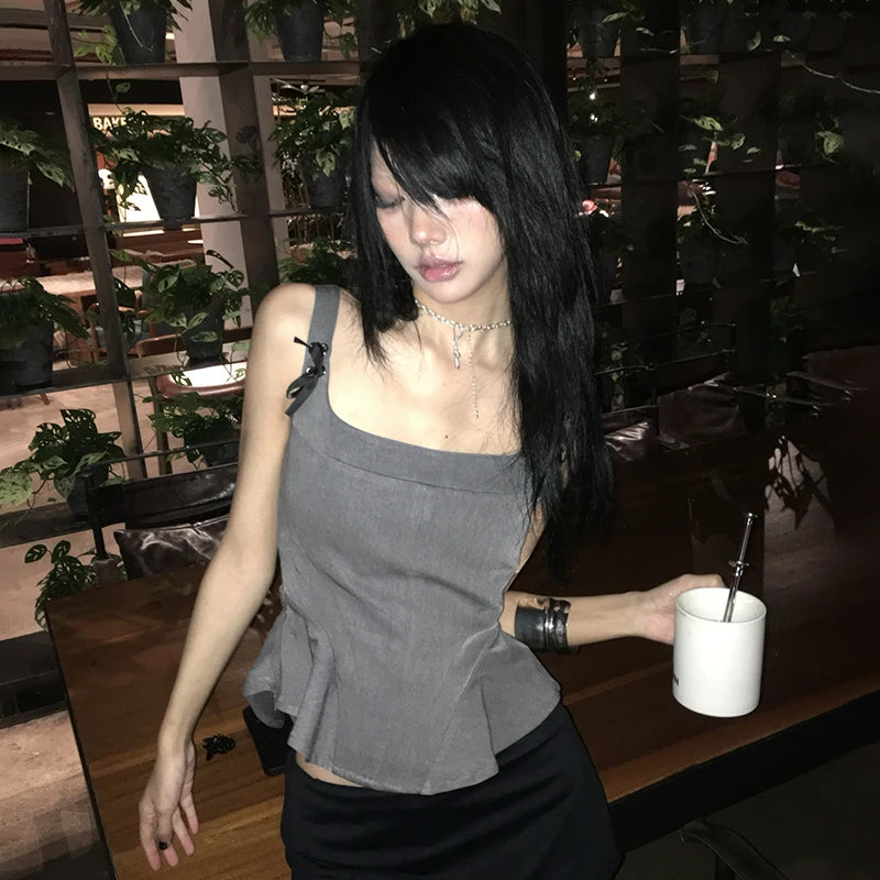 peplum tank top with ribbon strap details