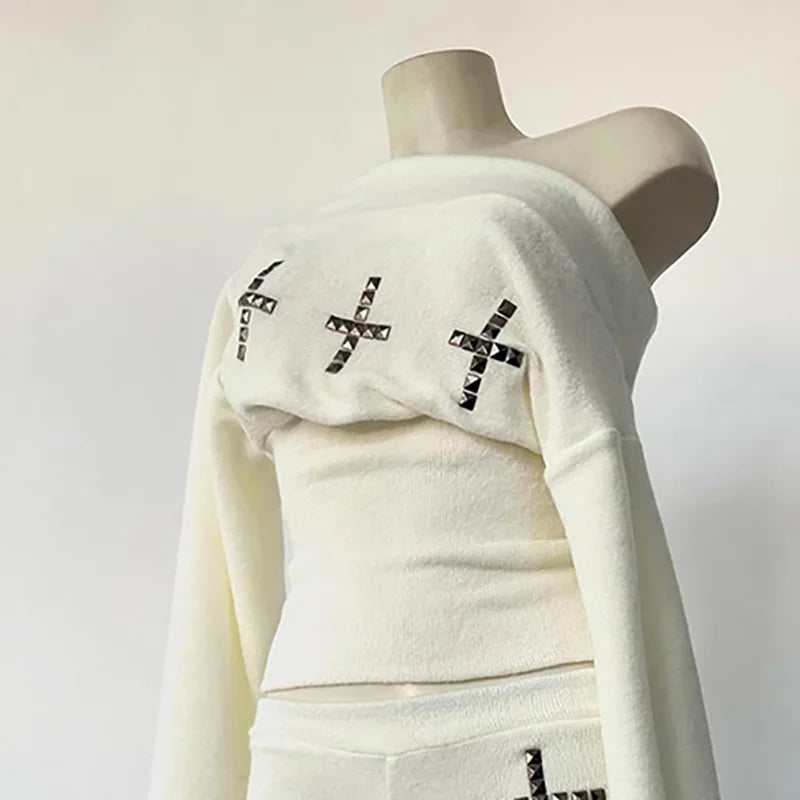 Studded Cross Knit Lounge  – Off Shoulder & Shorts