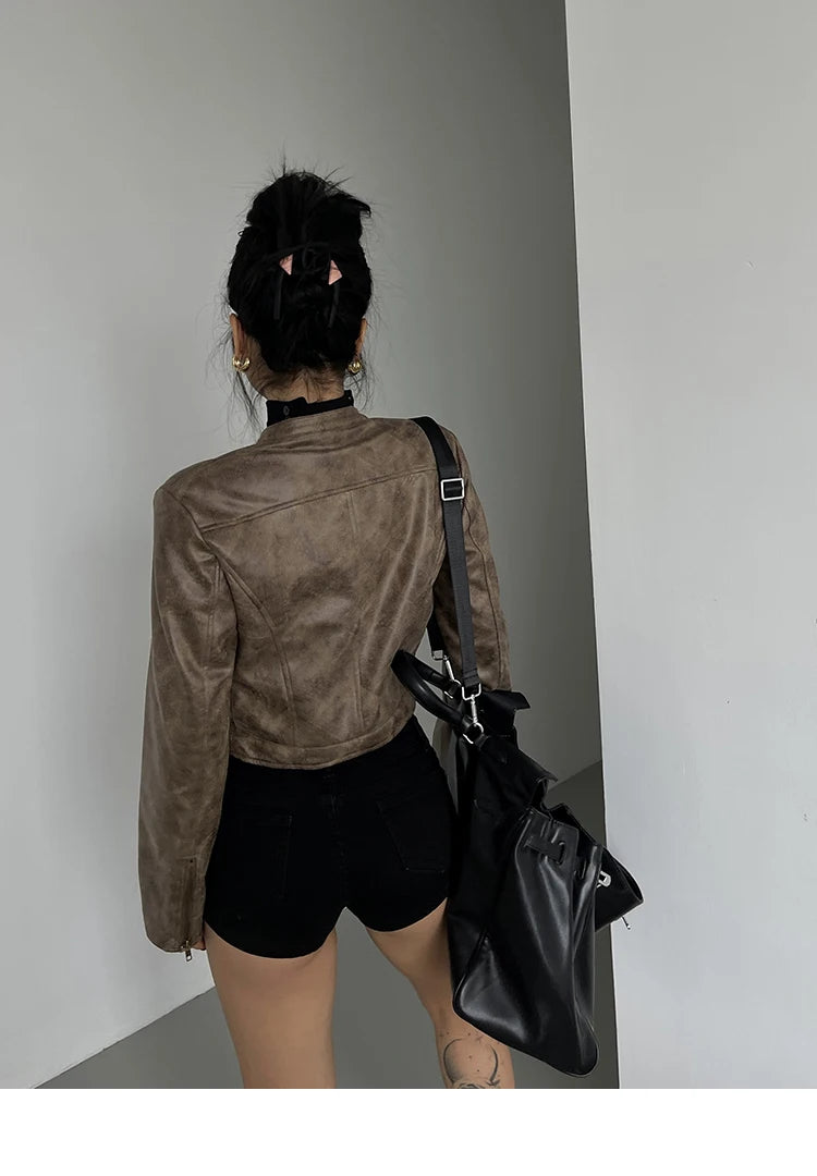 Vintage Brown Faux Leather Cropped Moto Jacket