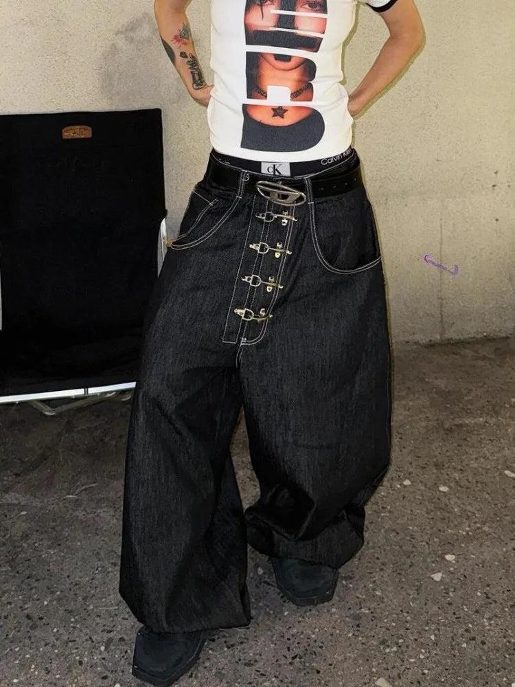 Strap Detail Wide Leg Denim Pants – Oversized Streetwear Jeans