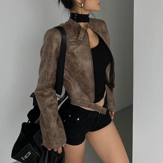 Vintage Brown Faux Leather Cropped Moto Jacket