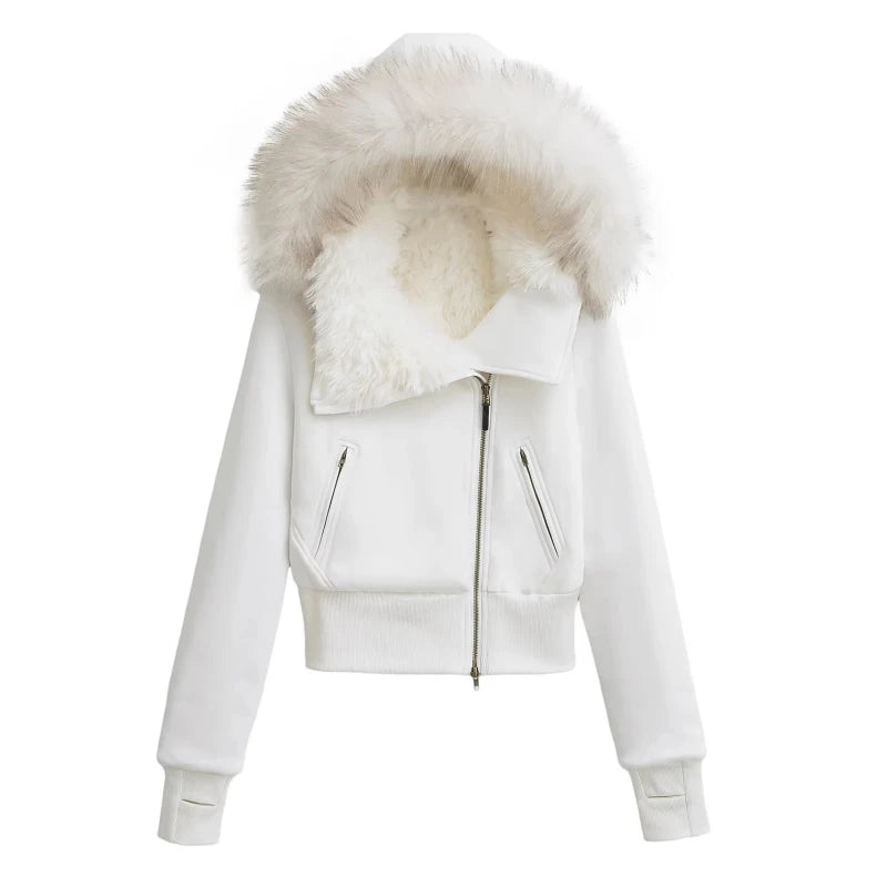 Soft Fur Hood Crop Zip-Up Jacket