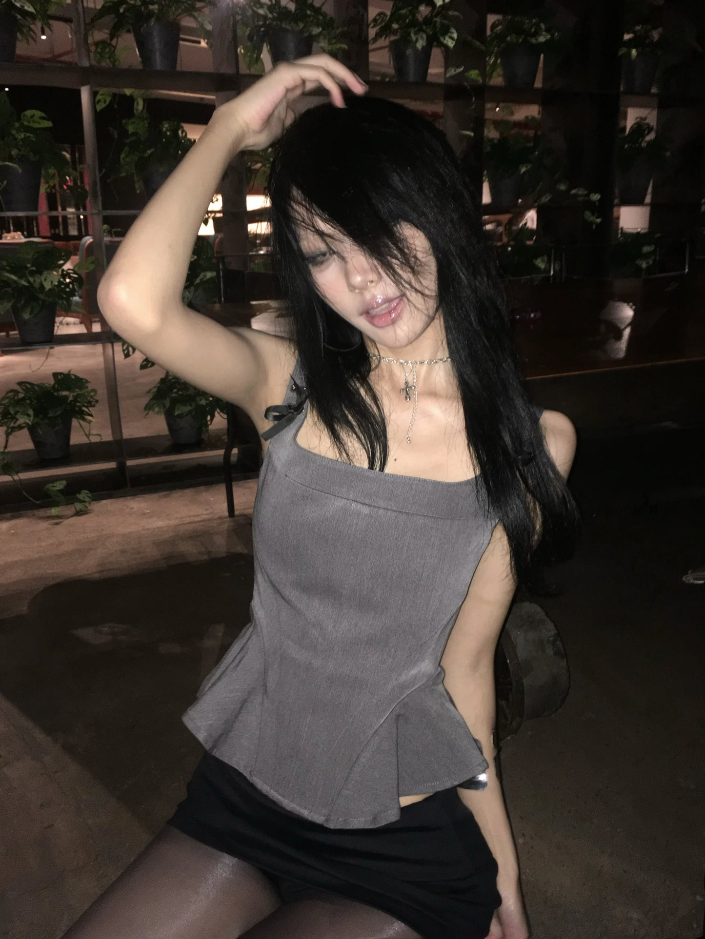 peplum tank top with ribbon strap details